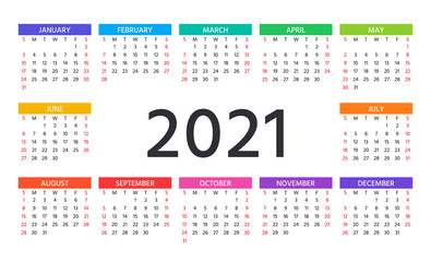 Calendar 2021 year. Vector. Week starts Sunday. Stationery template. Yearly calender organizer with 12 months. Layout grid in minimal design. Landscape orientation, English