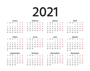 Spanish Calendar 2021 year. Vector. Week starts Monday. Spain calender template. Yearly stationery organizer in minimal design. Horizontal landscape orientation. Simple illustration.