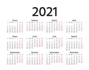 Spanish Calendar 2021 year. Vector. Week starts Monday. Spain calender template. Yearly stationery organizer in minimal design. Horizontal landscape orientation. Simple illustration.