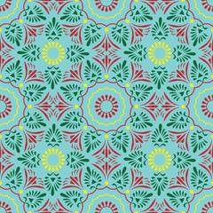 Fototapeta na wymiar beautiful traditional seamless pattern in turquoise, yellow and red texture. premium vector illustration. ethnic Indian, turkish and arabic motifs.