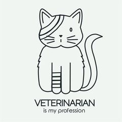 Vector linear icon bandaged cat with text veterinarian is my profession