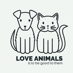 Vector linear icon puppy dog and cute cat with text love animals is to be good to them
