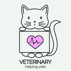 Vector line icon cat holding table with cardiogramm pink heart and text veterinary helping pets