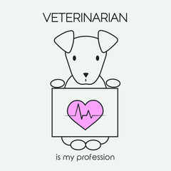 Vector thin line icon puppy dog with veterinary cardiogram and text veterinarian is my profession