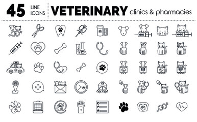 Big vector linear icon set for veterinaryan clinics and pharmacies websites with dog, cat and different vet symbols