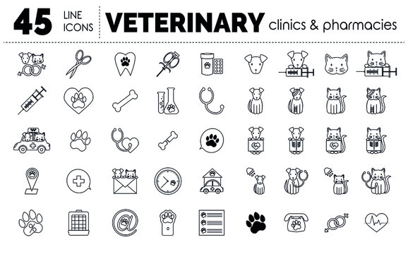 Big Vector Linear Icon Set For Veterinaryan Clinics And Pharmacies Websites With Dog, Cat And Different Vet Symbols