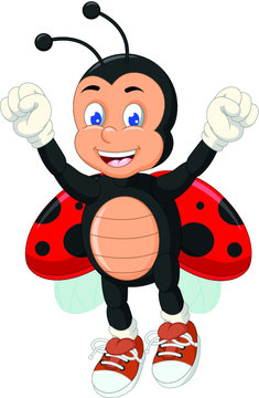 Cute Red Black Ladybug Wear White Gloves and Brown Shoes Cartoon