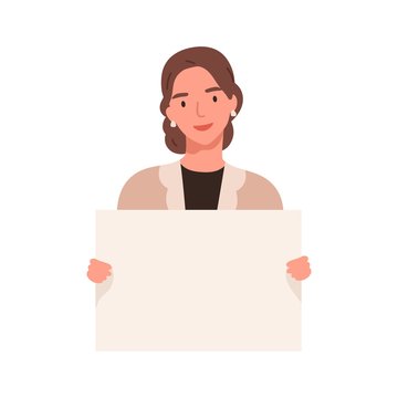 Smiling lady carrying a blank placard with a place for text isolated on white background. Female activist, woman holding an empty paper sheet. Vector illustration in flat cartoon style