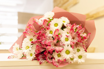 Blooming beautiful pink white flowers isolated close up. Romantic and celebration concept. Background horizontal format
