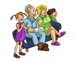 The family and the cat in the white medical mask to prevent the virus stay at home, the whole family isolates themselves on the couch, adult and elderly children stay at home in quarantine