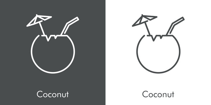 Icono plano lineal coconut con medio coco en fondo gris y fondo blanco