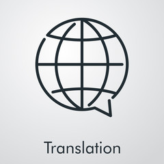 Icono plano lineal mundo como globo de habla con texto Translation en fondo gris