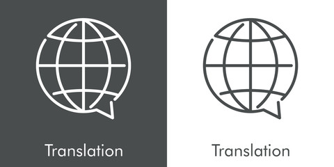 Icono plano lineal mundo como globo de habla con texto Translation en fondo gris y fondo blanco © teracreonte