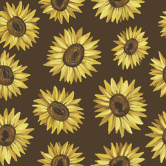 Seamless pattarn sunflowers. Hand painting, naturalistic yellow-orange flowers. Summer print. Design for fabric, textile, packaging, flower shop, website, floristry.