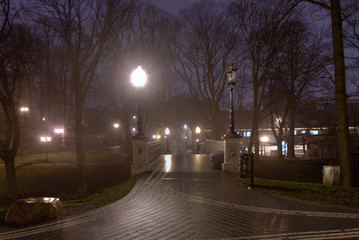 Bastejkalns park bridge in night time, lantern light
