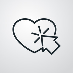 Icono plano lineal corazón con flecha cursor en fondo gris