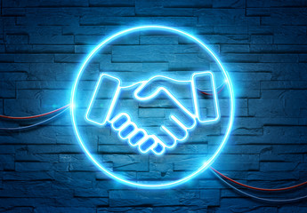 Handshake neon icon illuminating a brick wall with blue and pink glowing light 3D rendering © sdecoret