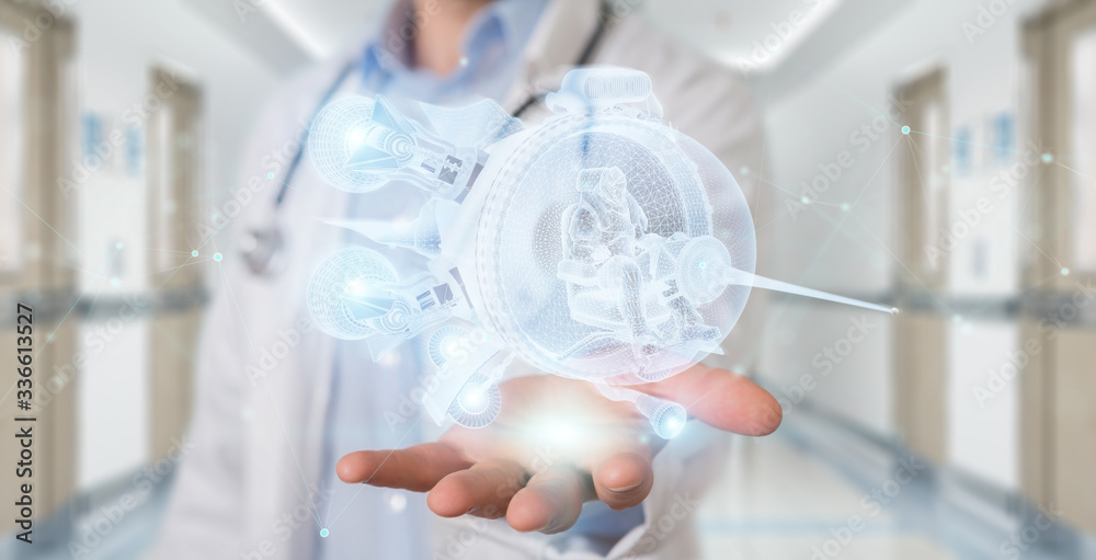 Poster Scientist holding and touching hologaphic spaceship projection in his hands 3D rendering