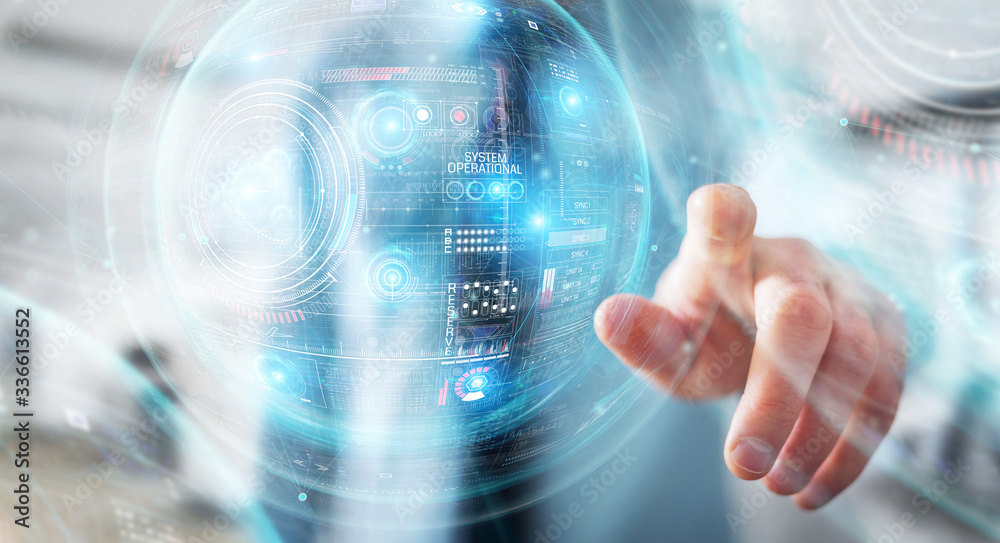 Poster Businessman using digital technological interface with datas 3D rendering