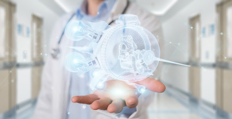 Scientist holding and touching hologaphic spaceship projection in his hands 3D rendering © sdecoret