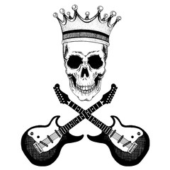 Vector skull with crown with guitars. Logo for shirt, musical poster