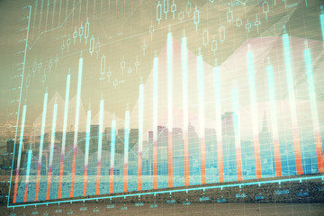 Forex graph on city view with skyscrapers background multi exposure. Financial analysis concept.