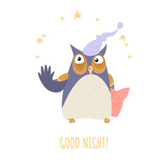 Good night concept with a cute cartoon owl in a nightcap and with a pillow isolated on white background