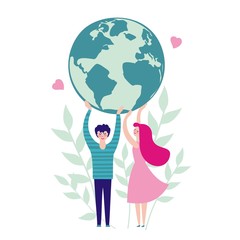 The guy and the girl hold the planet in their hands