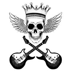 Vector skull with wings in crown with guitars. Logo for shirt, musical poster