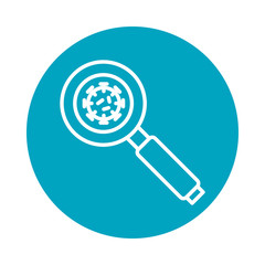 coronavirus and magnifying glass icon, block style