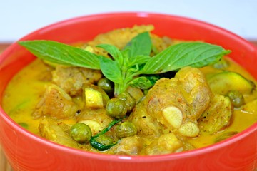Authentic Thai green curry with pork ribs and Thai eggplants.