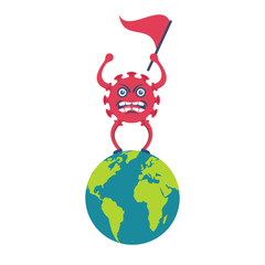 A coronavirus caricature stands on a planet with a flag in hand. A symbol of the conquest of the whole earth. Angry Coronavirus with red angry eyes. Vector illustration flat design. Painful cell.