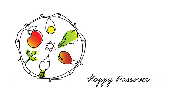 Jewish seder plate, dish with meal. Happy passover lettering, holiday pesach. Vector illustration of traditional pesach food on the plate. One continuous line drawing.