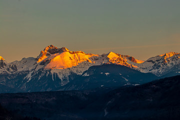 Fototapeta na wymiar Mount Triglav sunlit from Bohinj valley