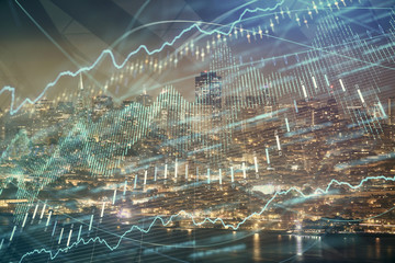 Financial graph on night city scape with tall buildings background double exposure. Analysis concept.