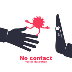 Cartoon Coronavirus on hand. Bacteria transmitted through a handshake. Gesture No physical contact. Vector illustration cartoon flat design. Precautions and prevention of disease.