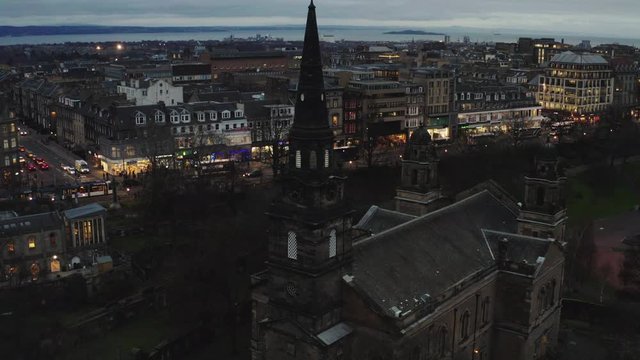 Edinburgh Church Aerial Shot at Dusk