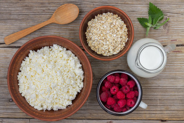 Cottage cheese in a clay bowl. healthy food, dairy products