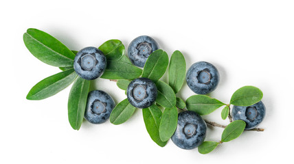 Ripe blueberry berries with green leaves on a white background