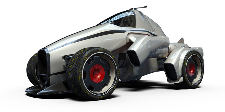 3D rendering of a brand-less generic futuristic concept car in studio environment