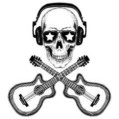 Vector skull in headphones with guitars. Logo for shirt, musical poster