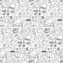 Hand drawn Stay Home vector seamless pattern with home objects