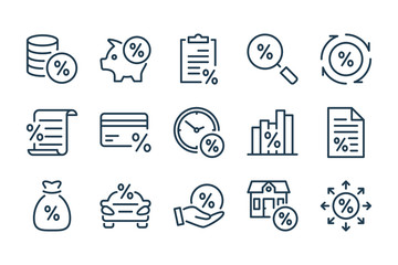 Loan, tax and fees line icons. Discount and Investment vector linear icon set. - obrazy, fototapety, plakaty