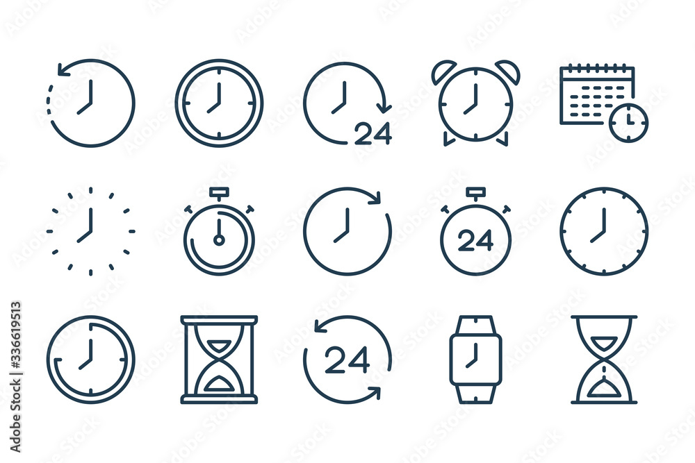 Poster time and clock line icons. countdown and deadline vector linear icon set.