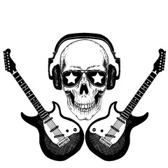 Vector skull in headphones with guitars. Logo for shirt, musical poster