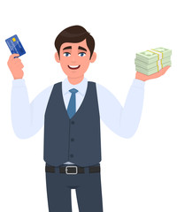 Young businessman showing credit card and cash, money, currency notes in hand. Successful person in vest suit holding debit, ATM card. Stylish male character design illustration in vector cartoon.