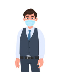 Young business man wearing medical mask. Trendy person in waistcoat covering face protection from virus infection. Modern lifestyle concept. Male character design cartoon illustration in vector style.