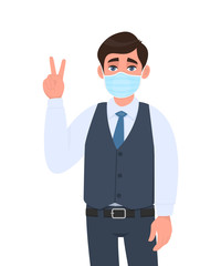 Young businessman wearing medical mask and showing victory, peace sign. Trendy person in waistcoat covering face protection and making hand gesture. Male character cartoon illustration in vector style