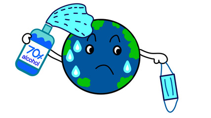 world holding mask and alcohol gel bottle cartoon