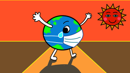 The cartoon world wearing Covid-19 protection face mask walking away in sunset hand drawn cartoon vector